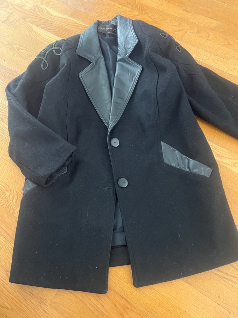 Black Wool Coat with Leather Trim - New Wool Label